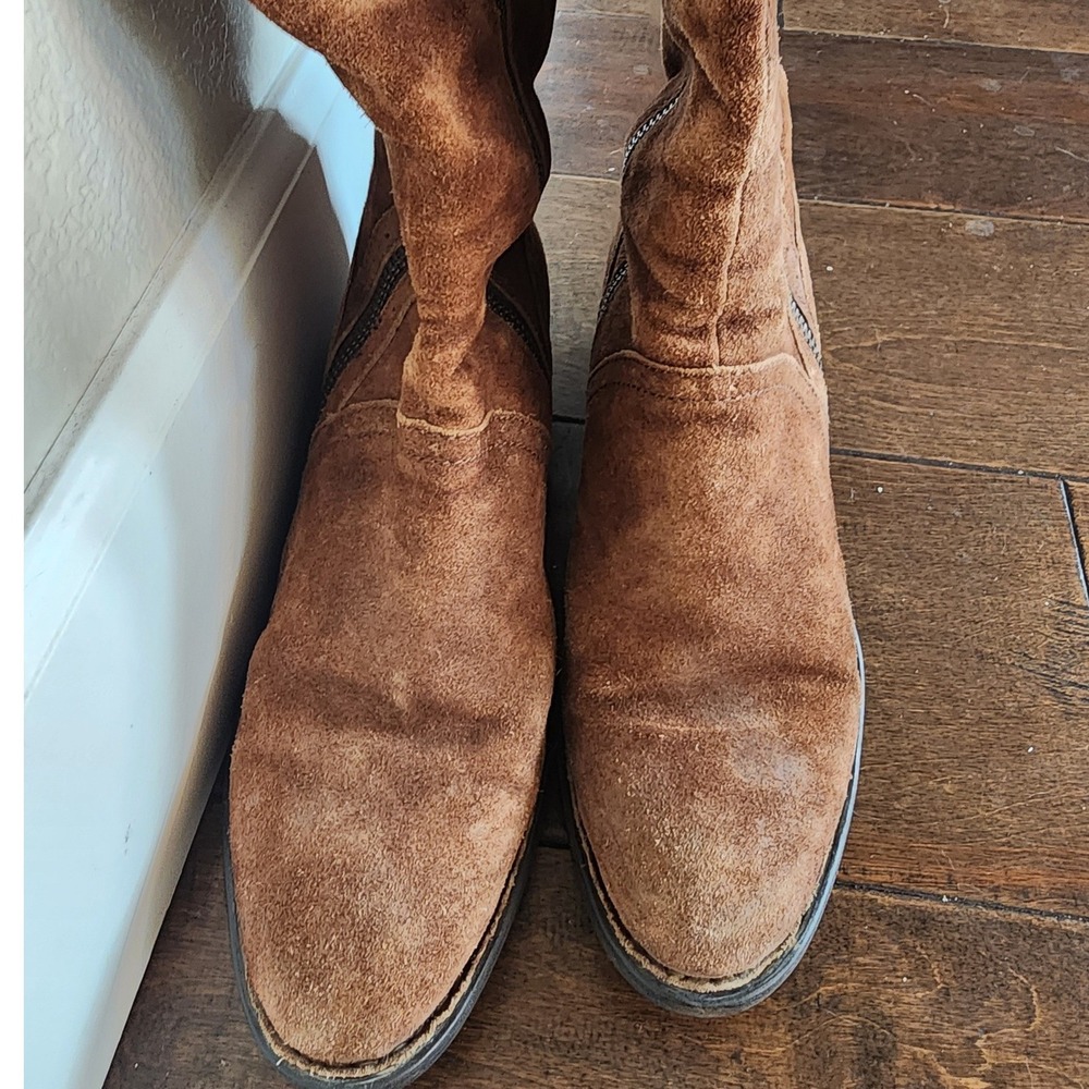 Born Poly Brown Suede Knee High Riding Boots Plaid Lining. Festival Gritty Boho - Picture 11 of 14